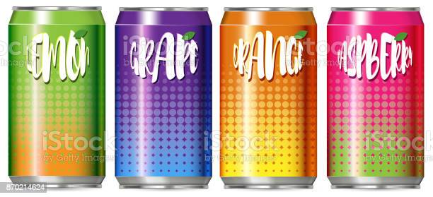 Four cans of different kind of fruit juice illustration